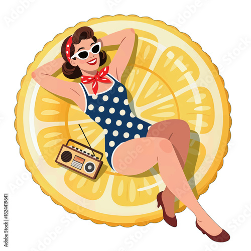 Retro pin-up girl with radio on a lemon slice
