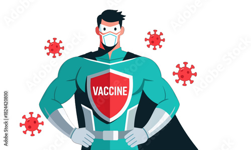 Superhero in Mask with Vaccine Shield Defending Against Viruses