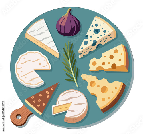 Variety of Cheese Slices and Garnishes on Wooden Board