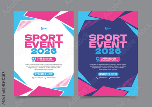 Sport event flyer design template blue and pink color