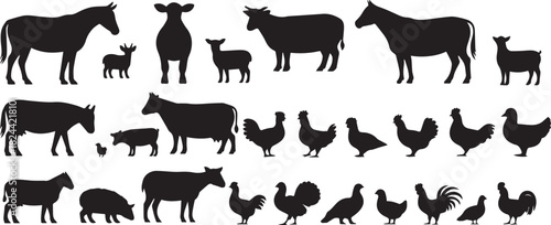 Collection of farm animals silhouettes including horse sheep pig and chicken