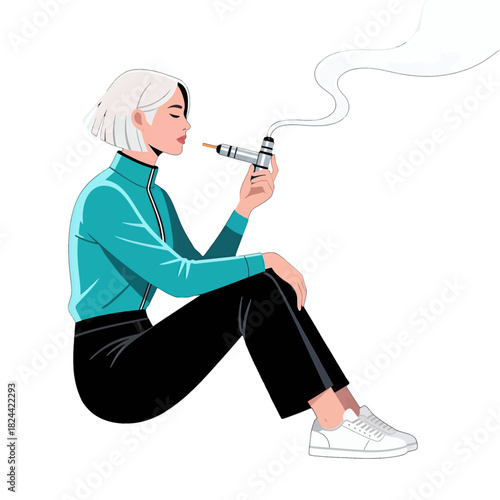 Young woman vaping with visible smoke