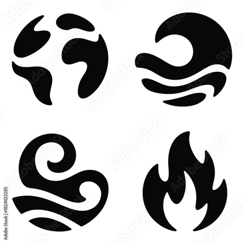 Four fundamental elemental symbols earth, water, air, and fire, bold, black, minimalist icons representing natural forces and spiritual concepts, isolated on