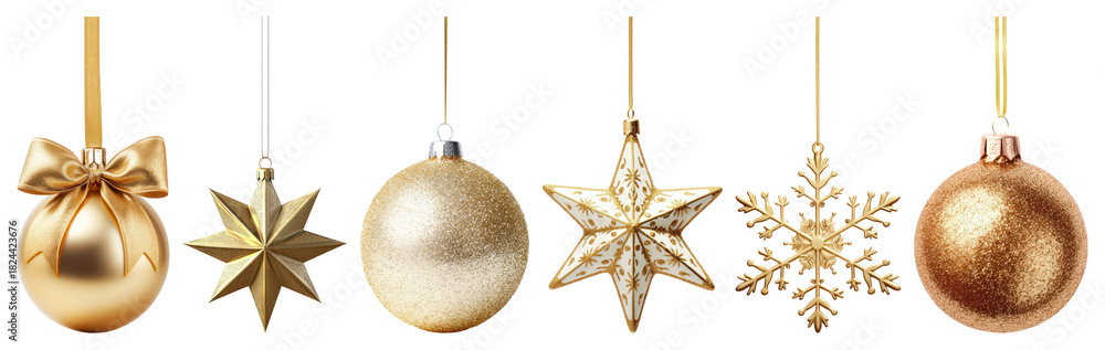 Obraz premium PNG Elegant gold Christmas ornaments displayed, element set on transparent background