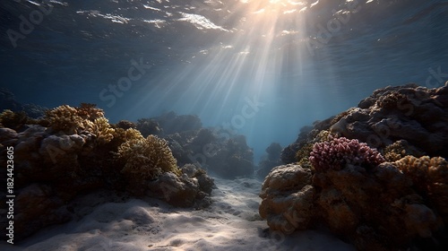 Fototapeta Naklejka Na Ścianę i Meble -  Underwater coral reef bathed in shimmering sunbeams penetrating the clear blue ocean