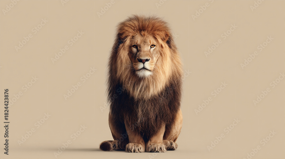 Fototapeta premium Lion sitting and facing forward on light brown background