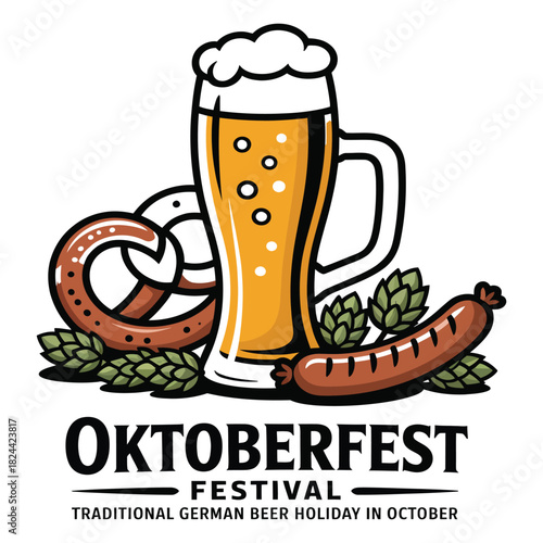 Oktoberfest festival traditional german beer holiday in october with a frothy beer mug, pretzel, sausage, and hops, isolated on