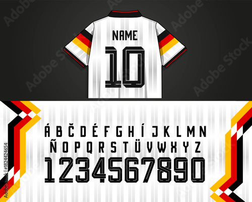 germany font Vector sport type set with blocky letters and layered digits over a vertical stripe jersey pattern, designed for athletic apparel graphics and customizablep rints in modern urban