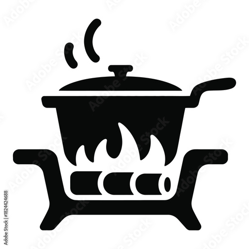 Simple black icon depicting a cooking pot with a lid over a burning fire, emitting steam, symbolizing outdoor culinary activities, camping, or rustic food preparation