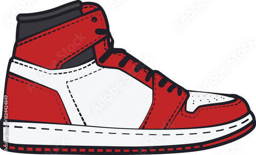Bold high-top streetwear sneaker, layered panels, strong color blocking, clean vector lines, modern fashion footwear illustration.