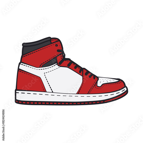 Bold high-top streetwear sneaker, layered panels, strong color blocking, clean vector lines, modern fashion footwear illustration.