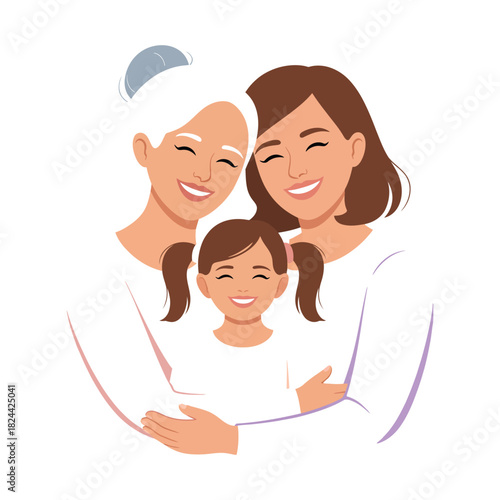 Three generations of happy women, grandmother, mother, and daughter, embracing each other with love and joy, representing family bonds and togetherness, isolated on