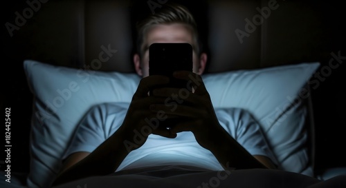 Man using phone in bed at night causing insomnia and affecting sleep hygiene and health issues