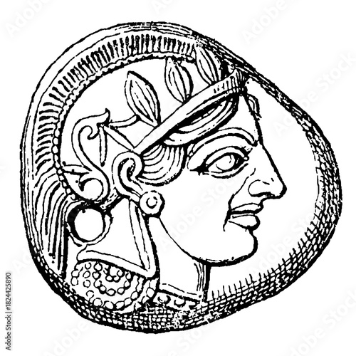 Athenian tetradrachm, 5th century BC Greek silver coin with head of Athena, old vintage illustration, 1899
