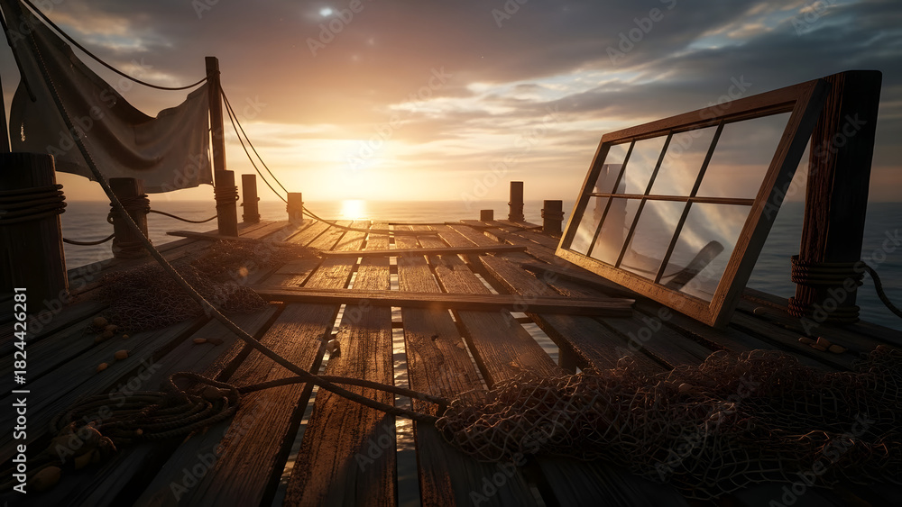 Naklejka premium photo depicting an eerie, atmospheric scene on what appears to be a wooden dock or the deck of an old ship at night, under a bright moon. Old Harbour.