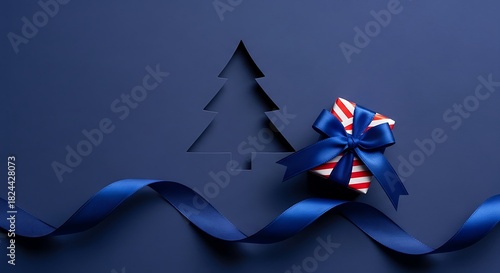 Christmas Tree Silhouette and Gift Box with Blue Ribbon on Dark Blue Background
