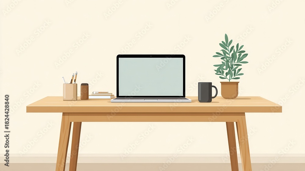 Fototapeta premium Flat vector illustration of a minimalist workspace featuring a laptop, coffee mug, and potted plant on a wooden desk. Modern office design concept.