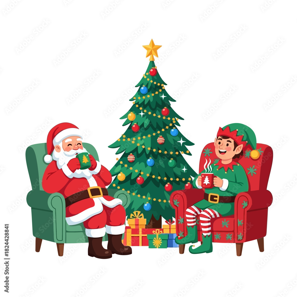 Fototapeta premium Santa and Elf Relaxing by Christmas Tree with Gifts Sharing Cozy Holiday Moment
