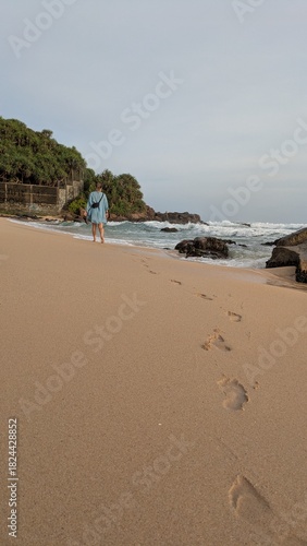 Heaven sunbeam tropics Sri Lanka tropical beach ocean palm tree sand seascape shoreline exotic ceylon landscape bay shore sea blond woman female walking lonely peaceful paradise
