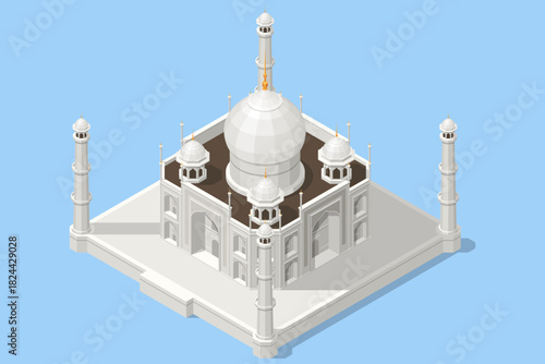 Isometric illustration of the Taj Mahal in detailed architectural view with white marble domes and minarets against a blue background.