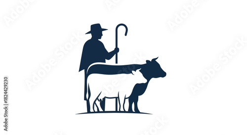 Silhouette of a shepherd with a staff and two cows, one white and one dark blue