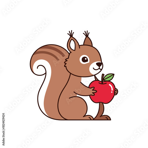 Cute cartoon squirrel clutching a bright red apple, simple illustration for children's content
