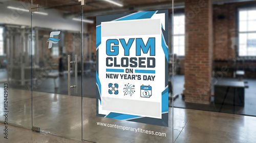 Gym closed on New Years Day sign on glass door notice, gym, closed, new years day, sign, notice, announcement, holiday, january, 1st, calendar, date, fitness, workout, exercise, weights, dumbbells, fi