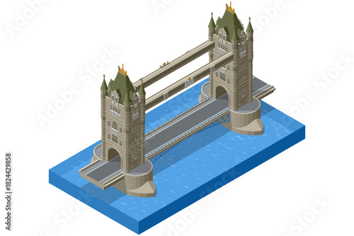 Isometric illustration of London s Tower Bridge spanning the river, showing detailed towers, suspension elements and classic British architecture.