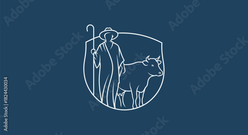 A shepherd in a wide-brimmed hat and cloak stands with a cow