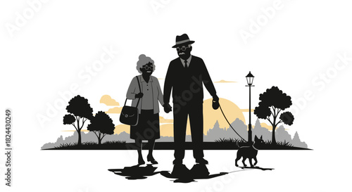 Elderly couple walks dog at sunset in silhouette