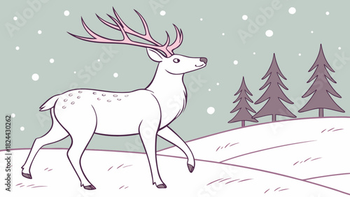 A white deer with pink antlers walking in a snowy landscape with evergreen trees and falling snow flakes