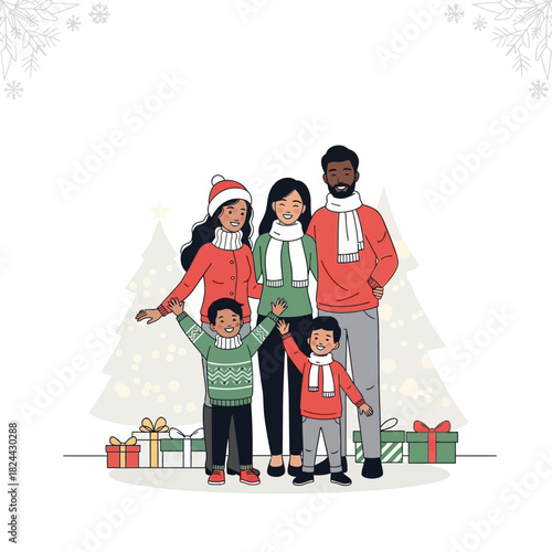 A heartwarming holiday portrait of a multi-ethnic family celebrating together at Christmas season