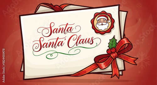 Illustration of a festive christmas letter addressed to santa claus, featuring a wax seal with santas face and a decorative red ribbon bow