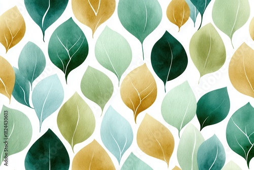 A vibrant collection of watercolor leaves in various shapes and colors, perfect for nature-themed projects and backgrounds.