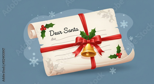 A beautifully illustrated letter to santa claus tied with a red ribbon and a golden bell, symbolizing christmas wish list