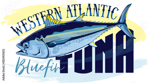 Western Atlantic Bluefin Tuna Vector Illustration. Fishing Sport T-shirt Print Design with Grunge Typography and Brush Stroke Background.