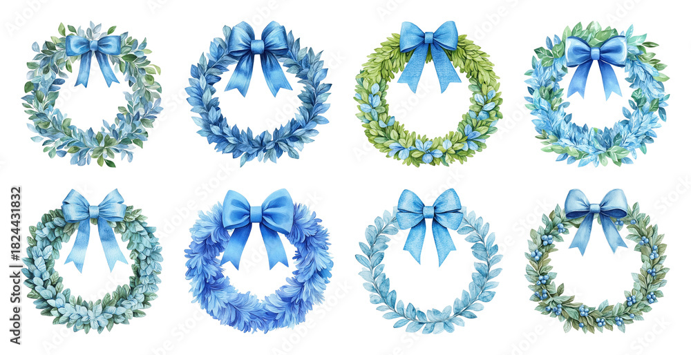Fototapeta premium PNG Elegant blue floral wreaths collection, element set on transparent background