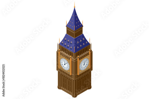 Isometric illustration of the Big Ben clock tower, showing detailed gothic design and the iconic London landmark in a stylized architectural view.