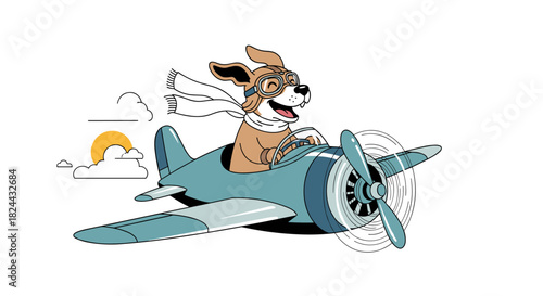 Cheerful cartoon dog in pilot goggles and scarf soaring through the sky in a classic propeller plane with the sun and clouds visible.