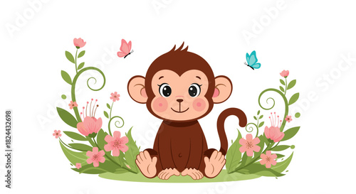 A cute baby monkey sits happily among pink flowers and green leaves, with colorful butterflies fluttering around.
