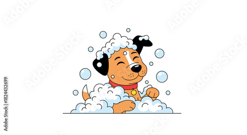 A cheerful cartoon puppy smiles happily while taking a bubble bath, covered in soap suds and surrounded by floating bubbles.