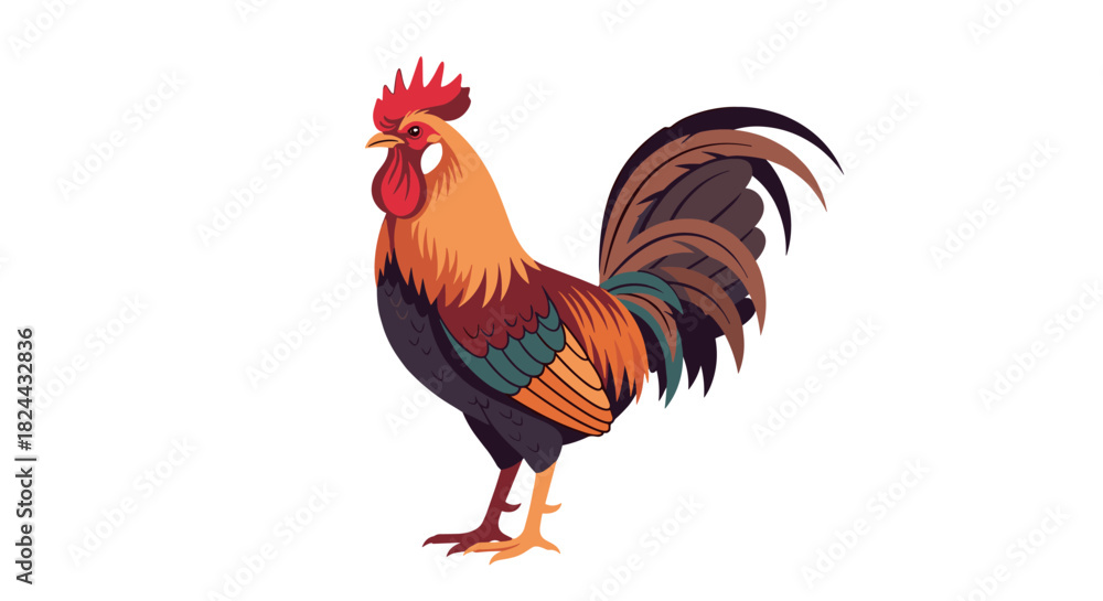 Fototapeta premium Colorful rooster illustration standing prominently, featuring its distinctive red comb, wattle, and richly feathered tail against a white backdrop.