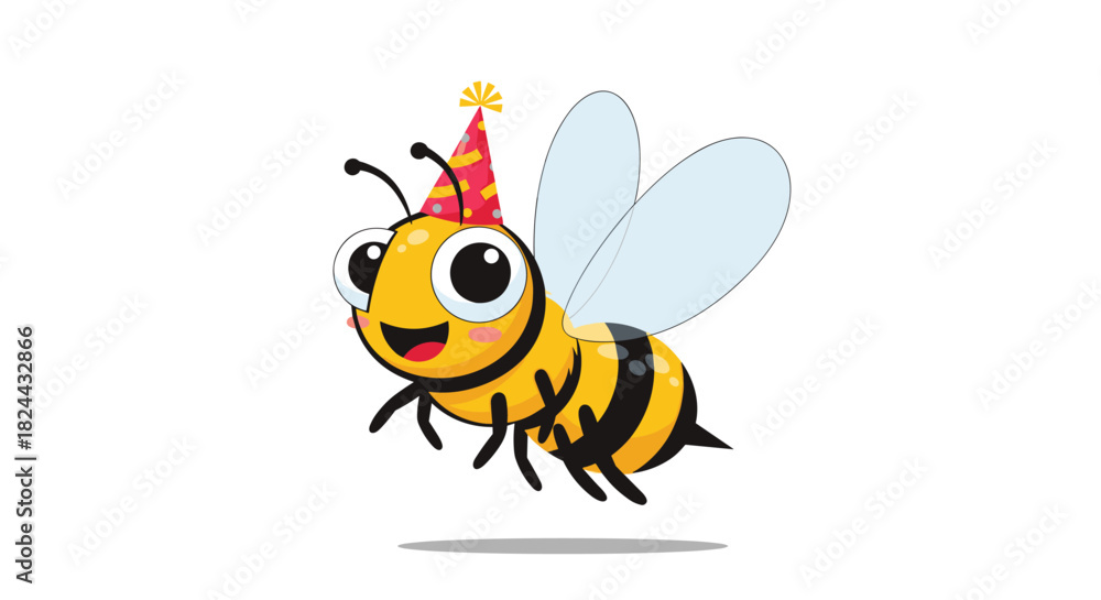 Fototapeta premium Happy cartoon bee wearing a festive party hat, smiling cheerfully and hovering with its translucent wings against a white background.