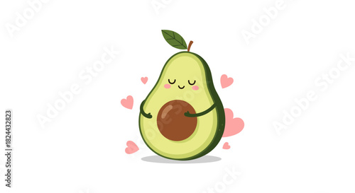 A charming cartoon avocado character with a happy expression lovingly hugs its pit, surrounded by floating pink hearts, on a clean white background.