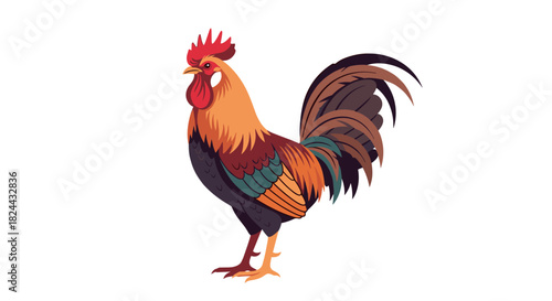 Colorful rooster illustration standing prominently, featuring its distinctive red comb, wattle, and richly feathered tail against a white backdrop.