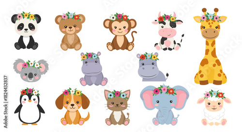 Cute baby animals collection, featuring a panda, bear, monkey, giraffe, and elephant, all adorned with colorful flower crowns.