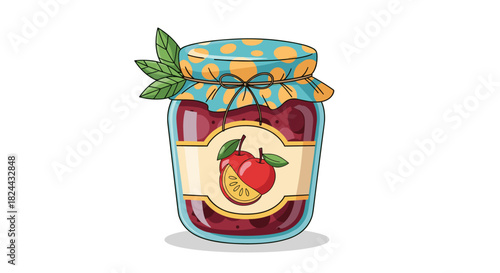 A delightful cartoon illustration of a glass jar filled with sweet fruit jam, complete with a charming polka-dot fabric lid, fresh green leaves, and a fruit label.
