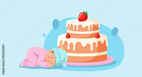 A sweet baby peacefully sleeps next to a two-tiered birthday cake adorned with strawberries and white frosting drips, set against a soft blue background.