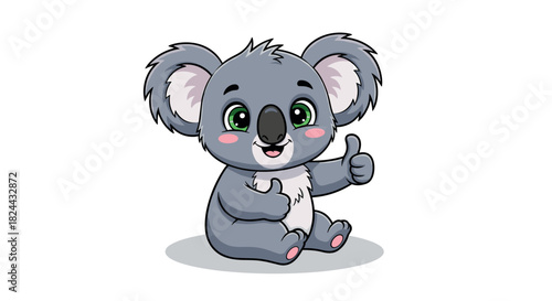 An adorable cartoon baby koala character with large green eyes is sitting down cheerfully, giving a double thumbs-up sign.