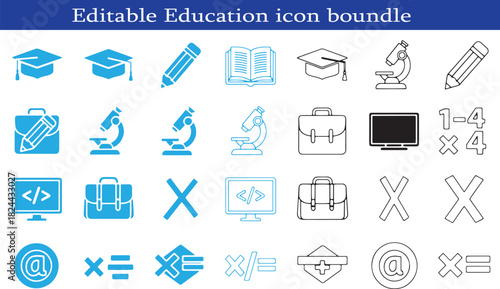 Editable Education Icon Bundle for Learning and Development Resources Featuring Graduation Caps Microscopes and School Supplies Aimed at Academic Growth and Scientific Exploration